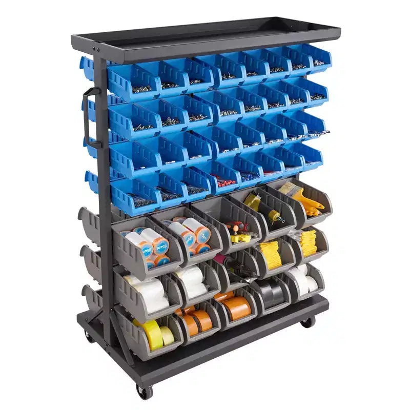 VEVOR 7-Tier Double-Sided Rolling Bin Storage Rack, 94 Plastic Bins, Dual-Sided Parts Organizer with Wheels, Mobile Tool Organizer, Black