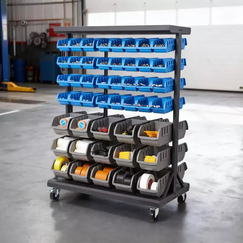 7-Tier Double-Sided Rolling Bin Storage Rack, 94 Plastic Bins, Dual-Sided Parts Organizer with Wheels, Mobile Tool Organizer, Black