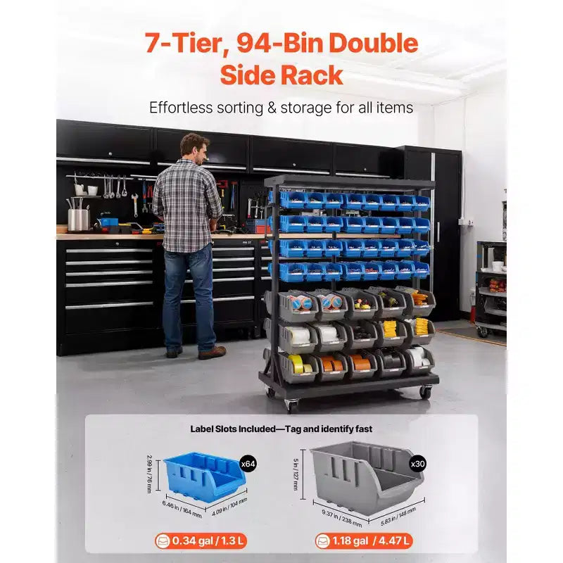 7-Tier Double-Sided Rolling Bin Storage Rack, 94 Plastic Bins, Dual-Sided Parts Organizer with Wheels, Mobile Tool Organizer, Black