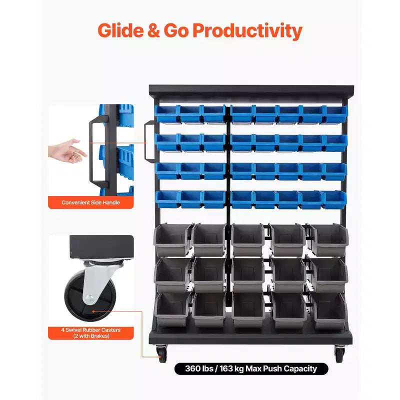 7-Tier Double-Sided Rolling Bin Storage Rack, 94 Plastic Bins, Dual-Sided Parts Organizer with Wheels, Mobile Tool Organizer, Black