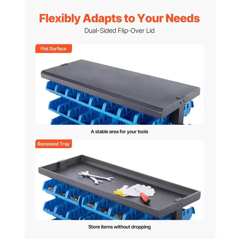 7-Tier Double-Sided Rolling Bin Storage Rack, 94 Plastic Bins, Dual-Sided Parts Organizer with Wheels, Mobile Tool Organizer, Black
