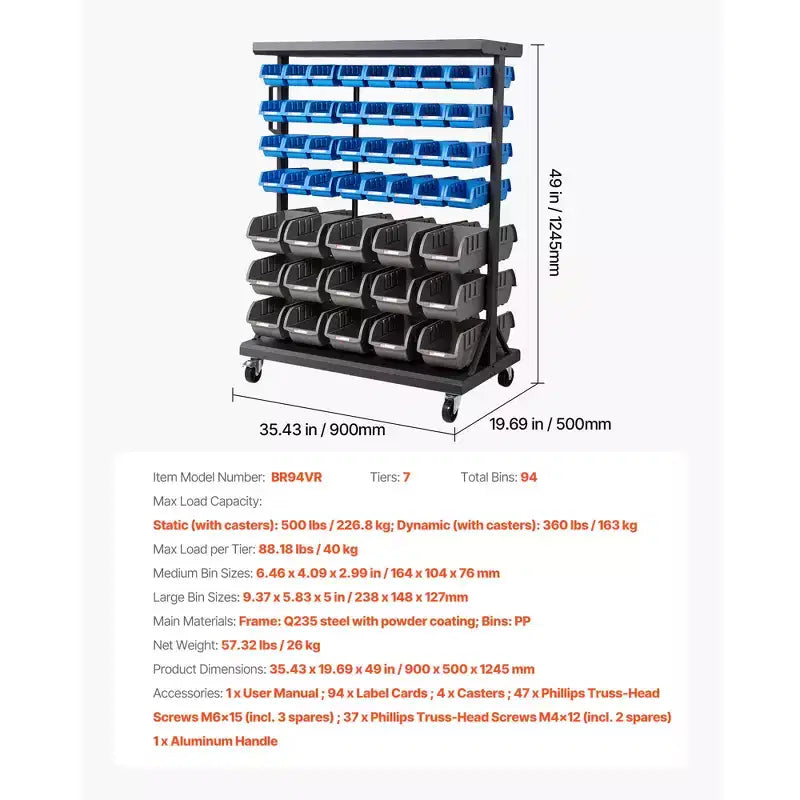 7-Tier Double-Sided Rolling Bin Storage Rack, 94 Plastic Bins, Dual-Sided Parts Organizer with Wheels, Mobile Tool Organizer, Black