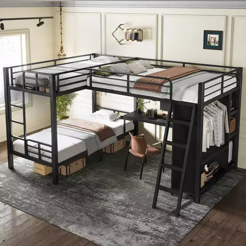L-Shaped Triple Metal Bunk Bed with Desk and Wardrobe