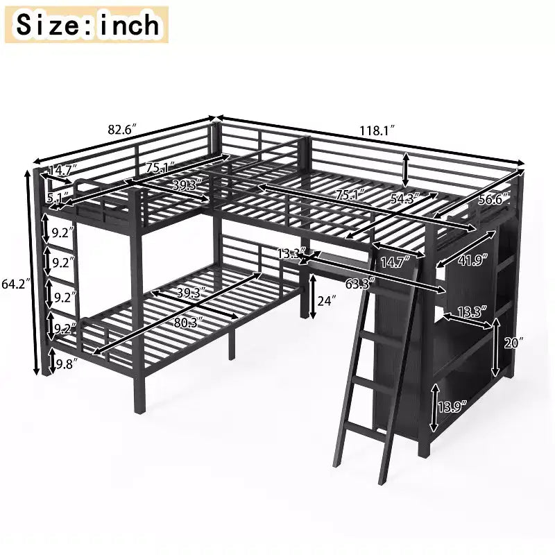 L-Shaped Triple Metal Bunk Bed with Desk and Wardrobe