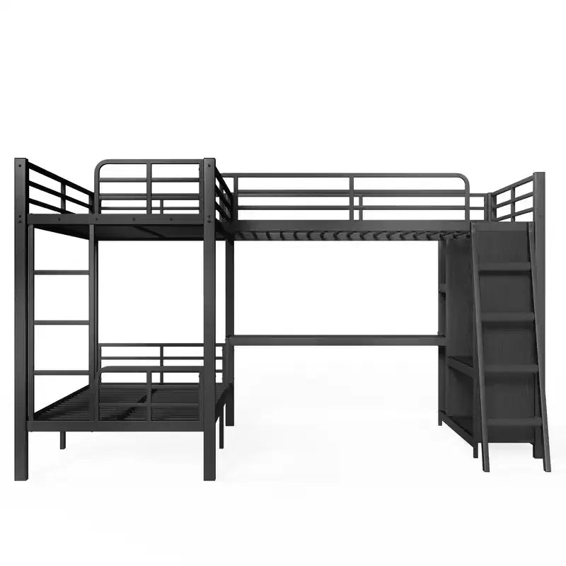 L-Shaped Triple Metal Bunk Bed with Desk and Wardrobe