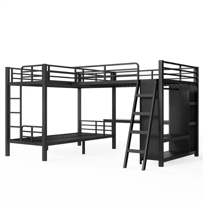 L-Shaped Triple Metal Bunk Bed with Desk and Wardrobe