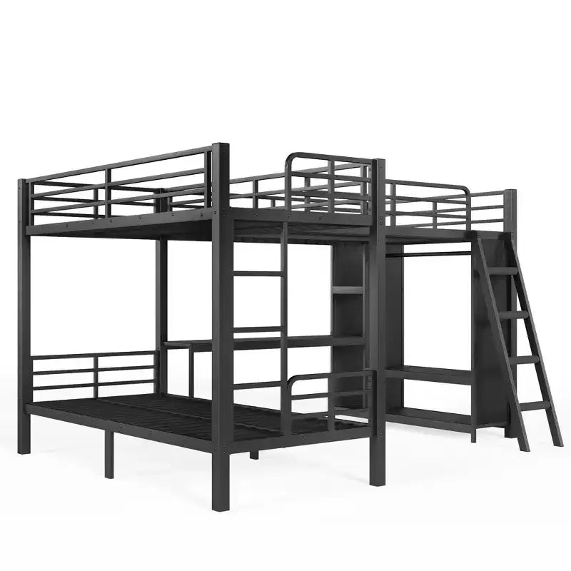 L-Shaped Triple Metal Bunk Bed with Desk and Wardrobe