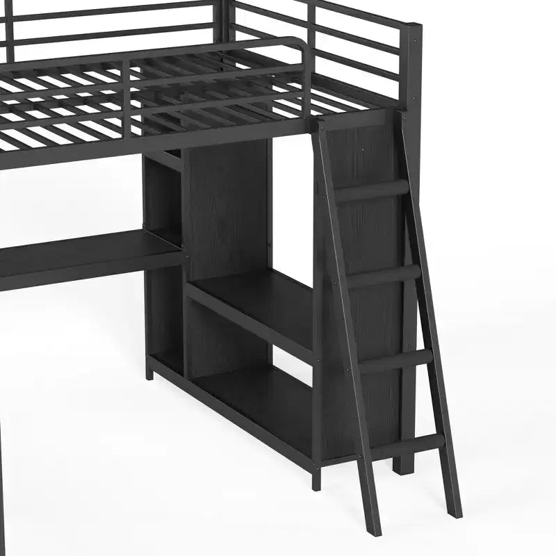 L-Shaped Triple Metal Bunk Bed with Desk and Wardrobe