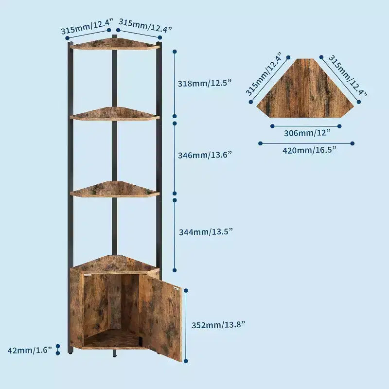 5-Tier Corner Shelf Stand, 58Tall Metal Frame Narrow Bookshelf with Storage Rack, Easy Assembly Display Shelf for Wall Corner, Bedroom, Living Room