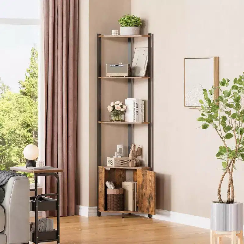 5-Tier Corner Shelf Stand, 58Tall Metal Frame Narrow Bookshelf with Storage Rack, Easy Assembly Display Shelf for Wall Corner, Bedroom, Living Room