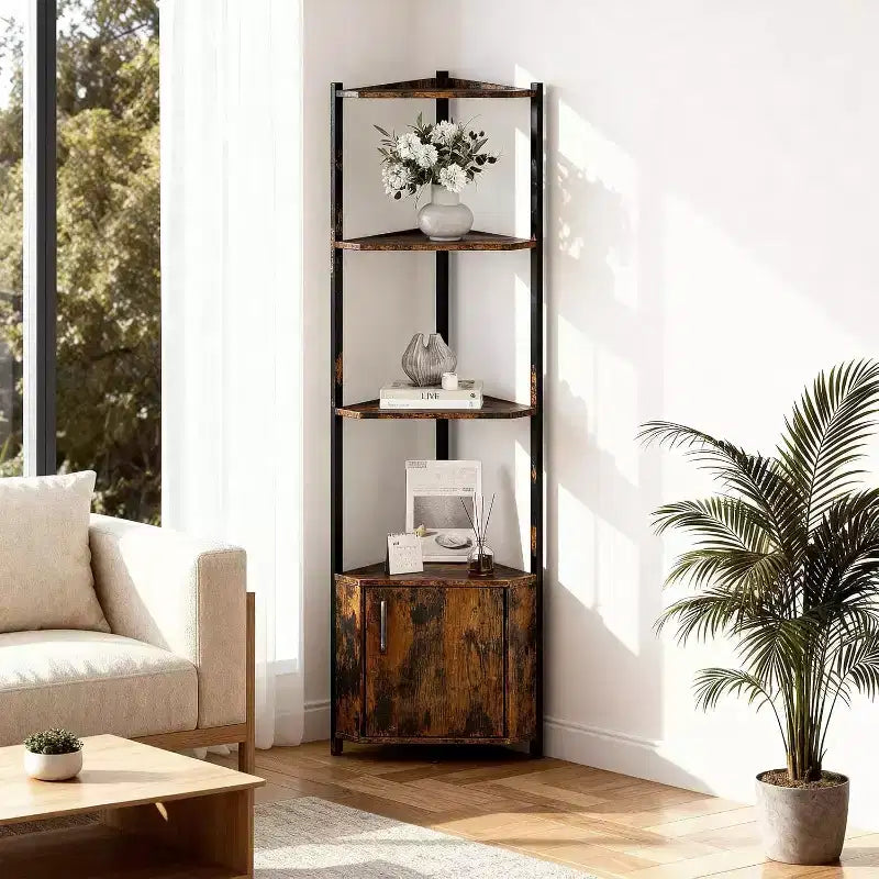 5-Tier Corner Shelf Stand, 58Tall Metal Frame Narrow Bookshelf with Storage Rack, Easy Assembly Display Shelf for Wall Corner, Bedroom, Living Room