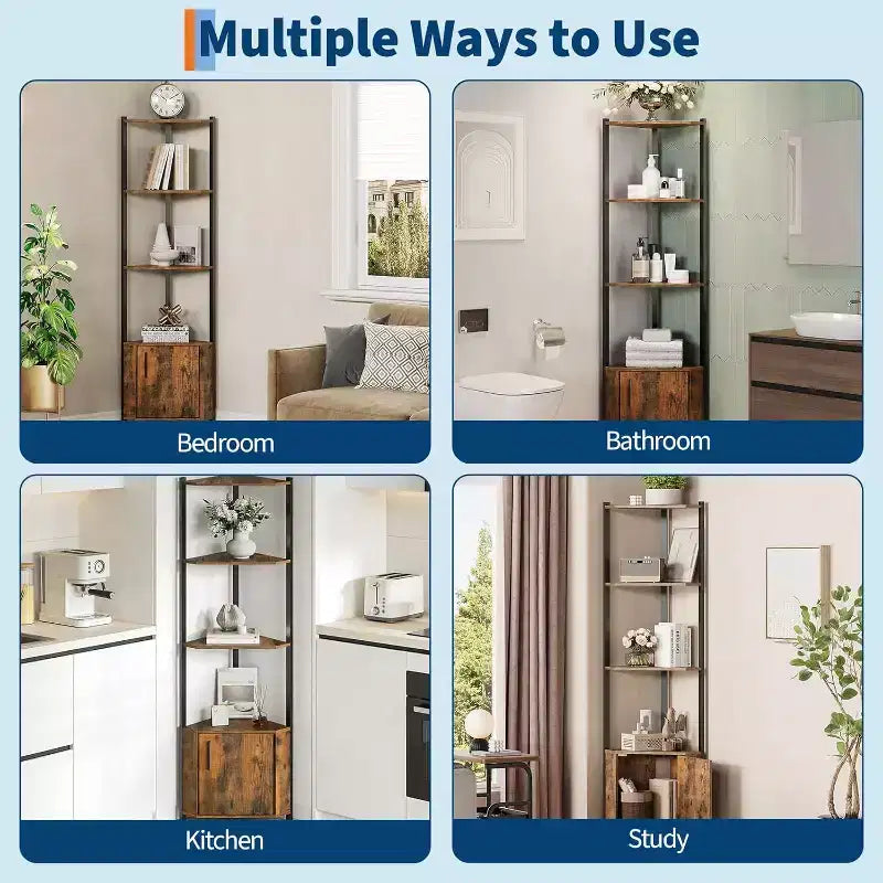 5-Tier Corner Shelf Stand, 58Tall Metal Frame Narrow Bookshelf with Storage Rack, Easy Assembly Display Shelf for Wall Corner, Bedroom, Living Room