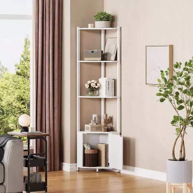 5-Tier Corner Shelf Stand, 58Tall Metal Frame Narrow Bookshelf with Storage Rack, Easy Assembly Display Shelf for Wall Corner, Bedroom, Living Room
