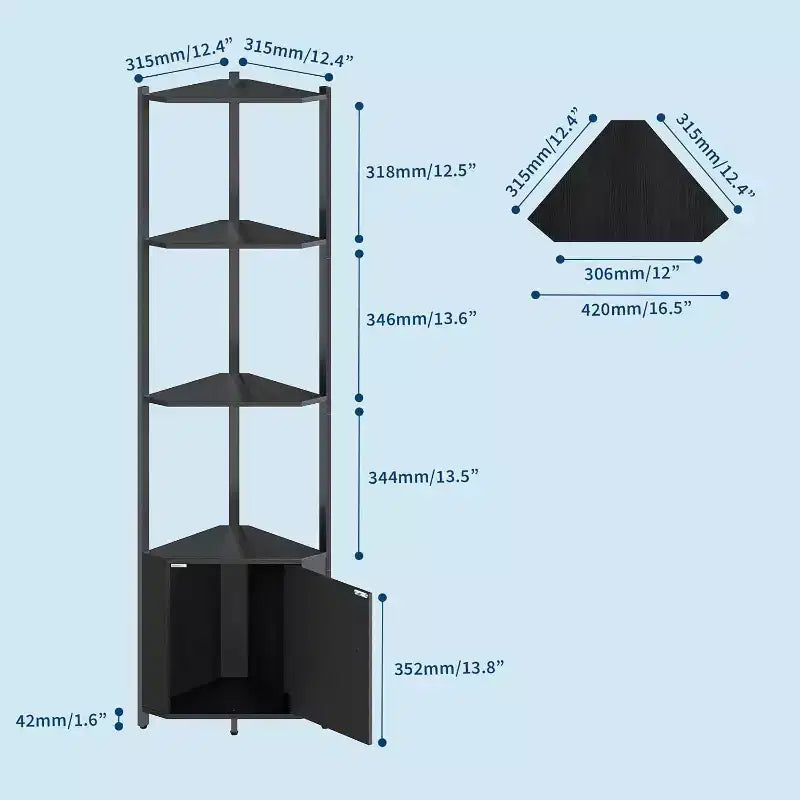 5-Tier Corner Shelf Stand, 58Tall Metal Frame Narrow Bookshelf with Storage Rack, Easy Assembly Display Shelf for Wall Corner, Bedroom, Living Room