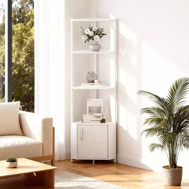 5-Tier Corner Shelf Stand, 58Tall Metal Frame Narrow Bookshelf with Storage Rack, Easy Assembly Display Shelf for Wall Corner, Bedroom, Living Room