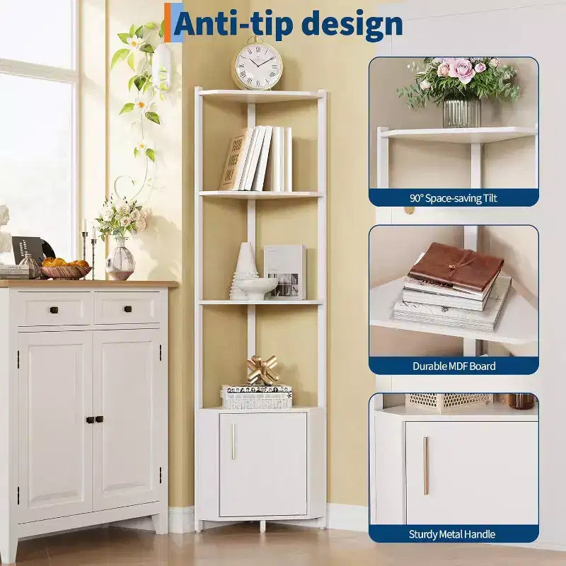 5-Tier Corner Shelf Stand, 58Tall Metal Frame Narrow Bookshelf with Storage Rack, Easy Assembly Display Shelf for Wall Corner, Bedroom, Living Room