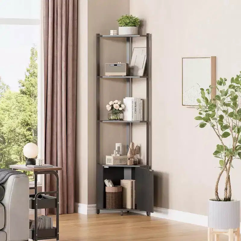 5-Tier Corner Shelf Stand, 58Tall Metal Frame Narrow Bookshelf with Storage Rack, Easy Assembly Display Shelf for Wall Corner, Bedroom, Living Room