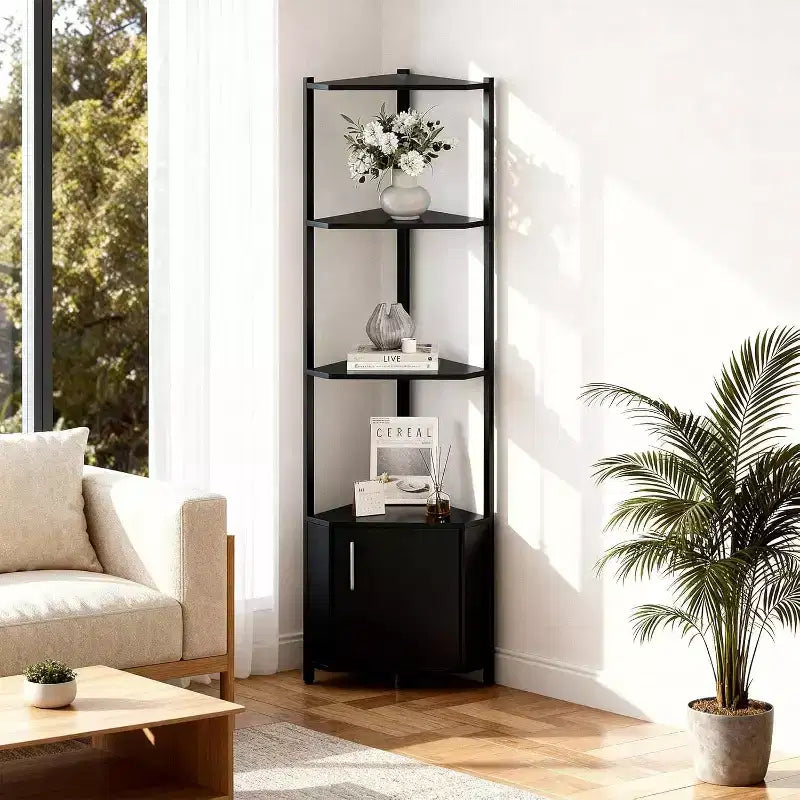 5-Tier Corner Shelf Stand, 58Tall Metal Frame Narrow Bookshelf with Storage Rack, Easy Assembly Display Shelf for Wall Corner, Bedroom, Living Room