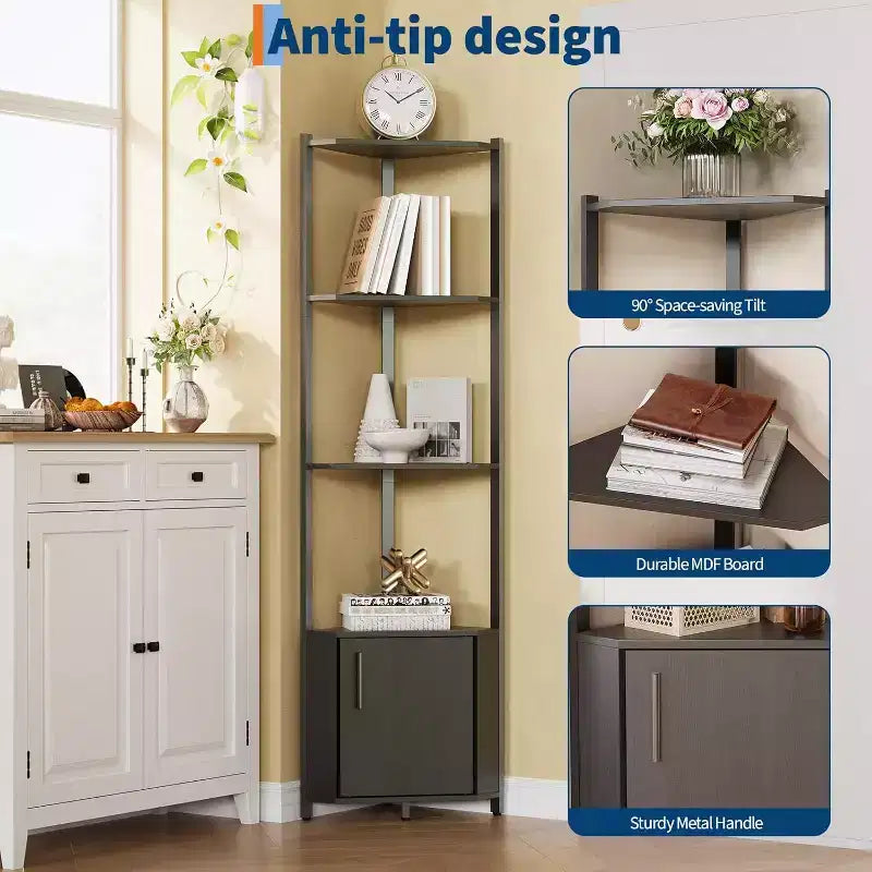 5-Tier Corner Shelf Stand, 58Tall Metal Frame Narrow Bookshelf with Storage Rack, Easy Assembly Display Shelf for Wall Corner, Bedroom, Living Room
