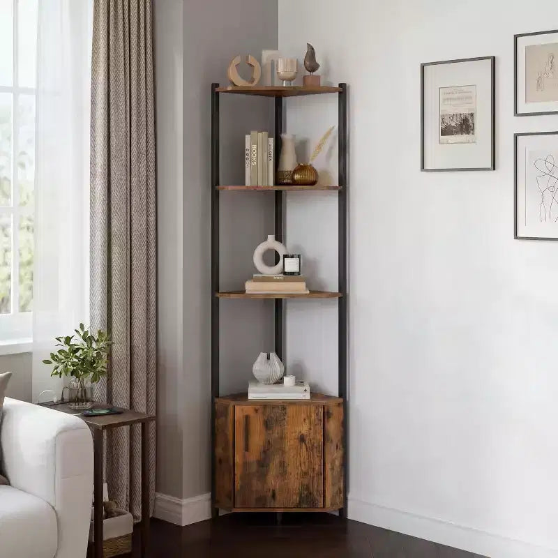 5-Tier Corner Shelf Stand, 58Tall Metal Frame Narrow Bookshelf with Storage Rack, Easy Assembly Display Shelf for Wall Corner, Bedroom, Living Room