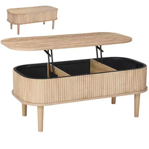 39.4 in Lift Top Coffee Table, Fluted Oval Coffee Table with 3 Hidden Compartment, Mid Century Wooden Oval Center Desk with Storage