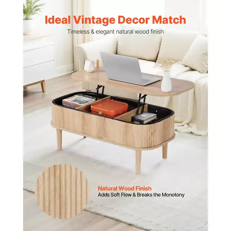 39.4 in Lift Top Coffee Table, Fluted Oval Coffee Table with 3 Hidden Compartment, Mid Century Wooden Oval Center Desk with Storage