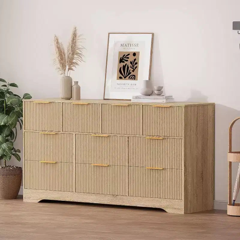 Modern 10-Drawer Fluted Dresser, Sleek Metal Handles, Anti-Tip Storage Organizer, for Bedroom, Living Room