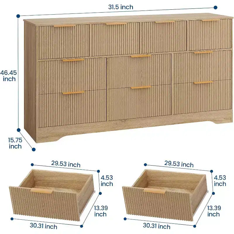 Modern 10-Drawer Fluted Dresser, Sleek Metal Handles, Anti-Tip Storage Organizer, for Bedroom, Living Room