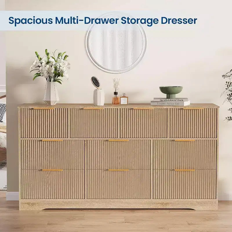 Modern 10-Drawer Fluted Dresser, Sleek Metal Handles, Anti-Tip Storage Organizer, for Bedroom, Living Room
