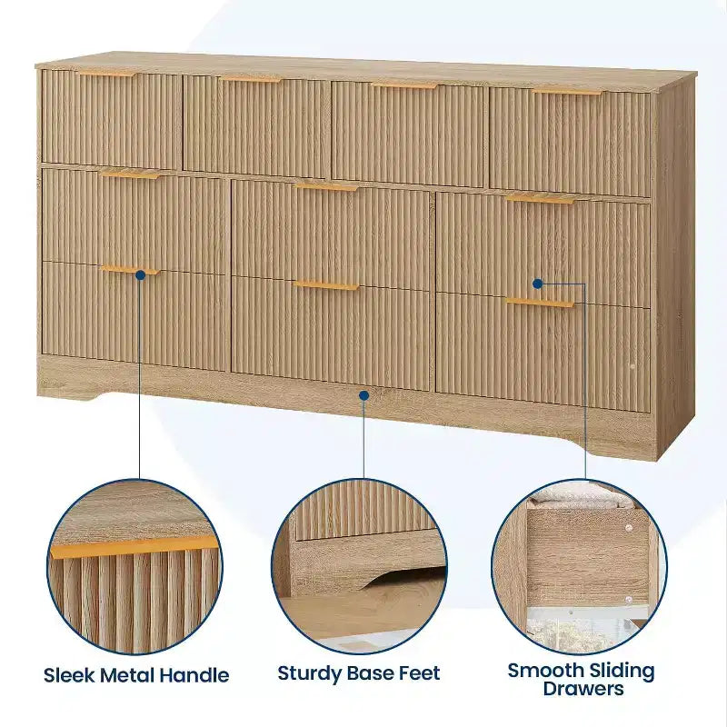Modern 10-Drawer Fluted Dresser, Sleek Metal Handles, Anti-Tip Storage Organizer, for Bedroom, Living Room