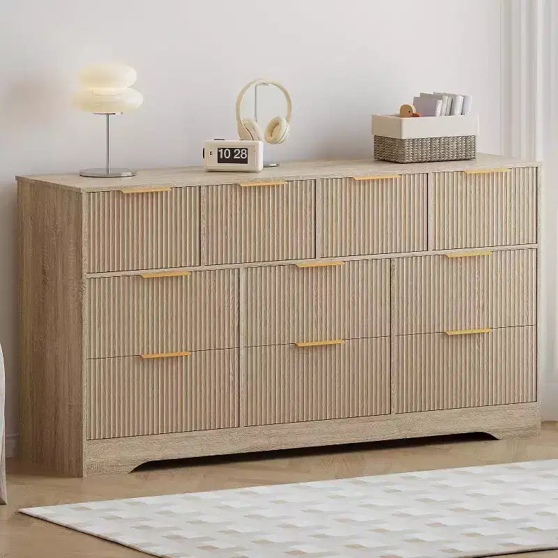Modern 10-Drawer Fluted Dresser, Sleek Metal Handles, Anti-Tip Storage Organizer, for Bedroom, Living Room