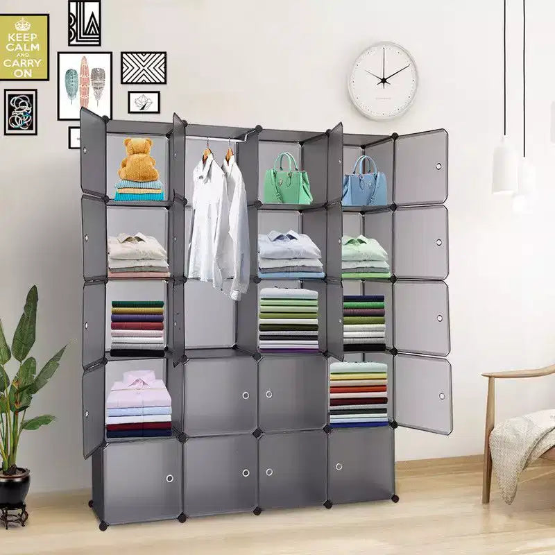 Karl Home 20-Cube Modular Closet Wardrobe with 1 Hanging Rod, 5-Tier DIY Plastic Storage Organizer Grey