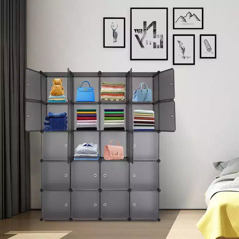 20-Cube Modular Closet Wardrobe with 1 Hanging Rod, 5-Tier DIY Plastic Storage Organizer Grey