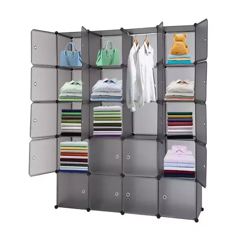 20-Cube Modular Closet Wardrobe with 1 Hanging Rod, 5-Tier DIY Plastic Storage Organizer Grey