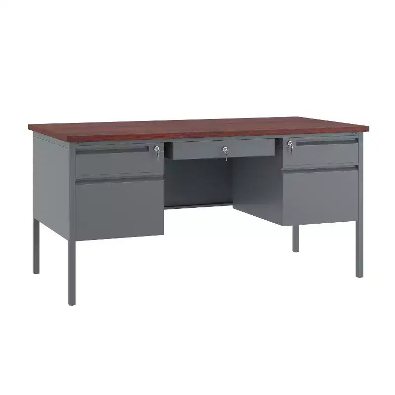 Flash Furniture Cambridge Commercial Grade 30x60 Double Pedestal Desk with 5 Locking Drawers, Mahogany Top and Charcoal Gray Frame