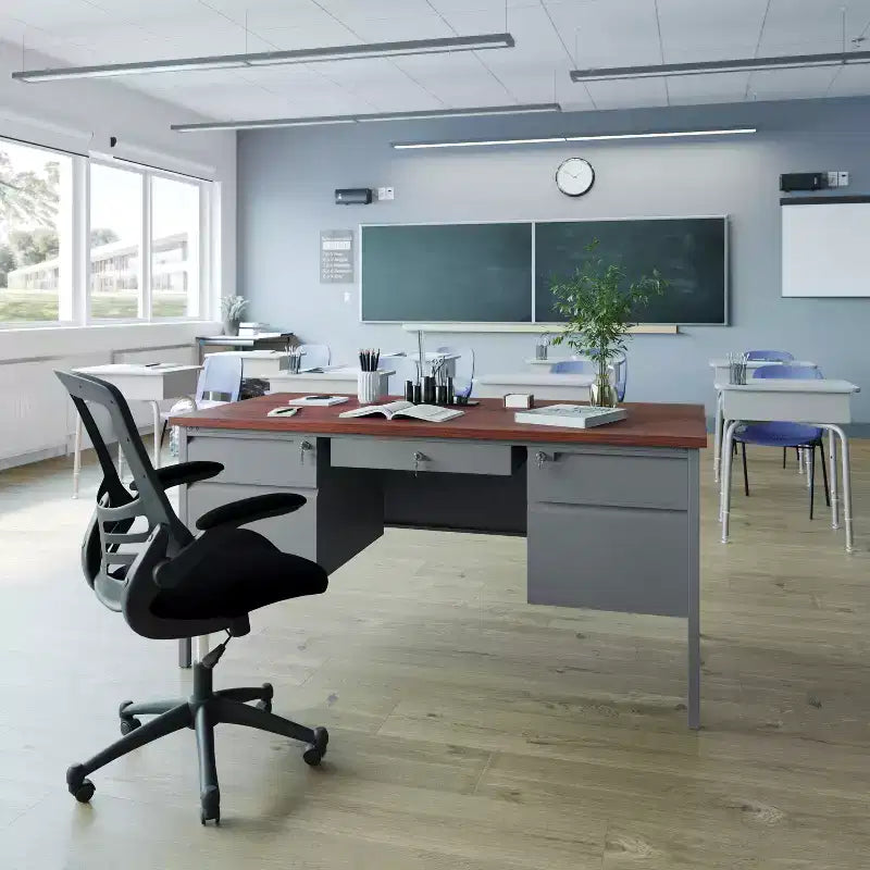 Commercial Grade 30x60 Double Pedestal Desk with 5 Locking Drawers, Mahogany Top and Charcoal Gray Frame