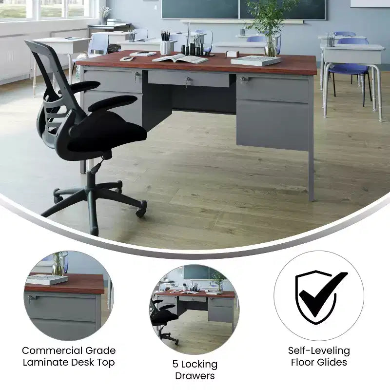 Commercial Grade 30x60 Double Pedestal Desk with 5 Locking Drawers, Mahogany Top and Charcoal Gray Frame