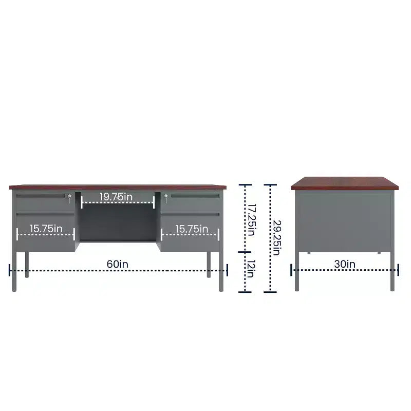 Commercial Grade 30x60 Double Pedestal Desk with 5 Locking Drawers, Mahogany Top and Charcoal Gray Frame