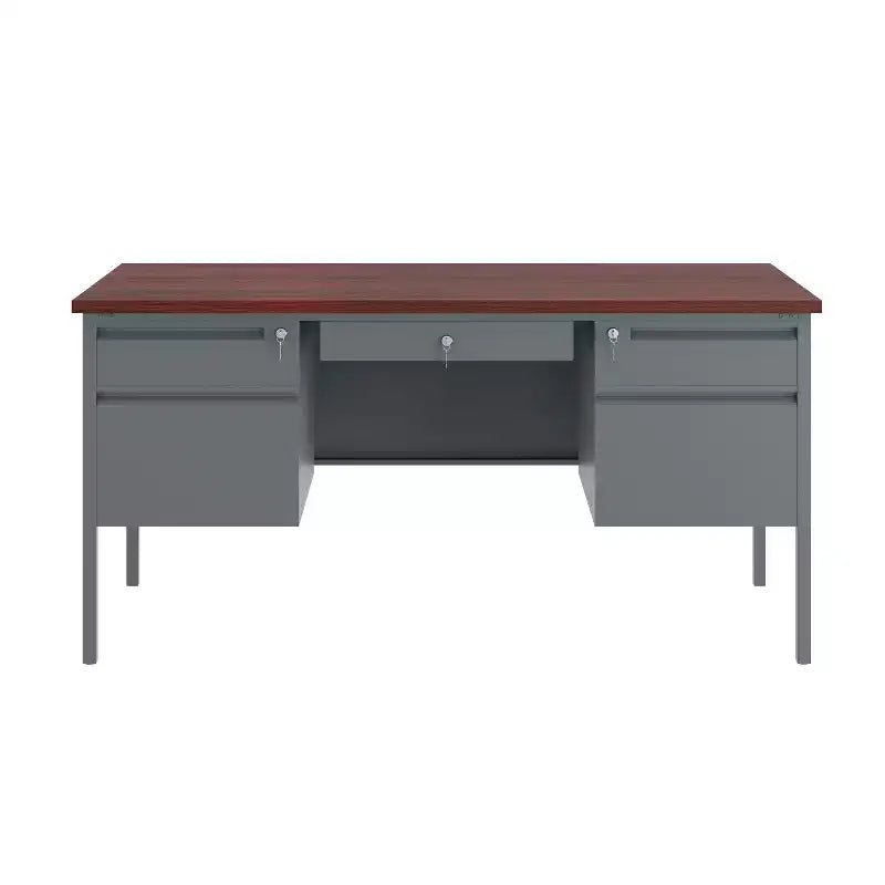 Commercial Grade 30x60 Double Pedestal Desk with 5 Locking Drawers, Mahogany Top and Charcoal Gray Frame