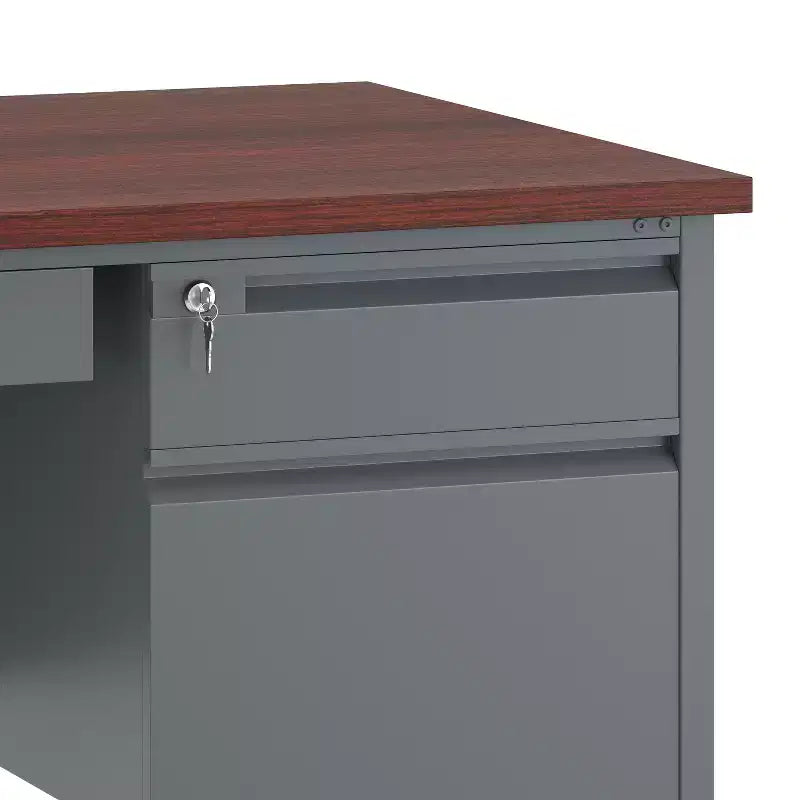 Commercial Grade 30x60 Double Pedestal Desk with 5 Locking Drawers, Mahogany Top and Charcoal Gray Frame