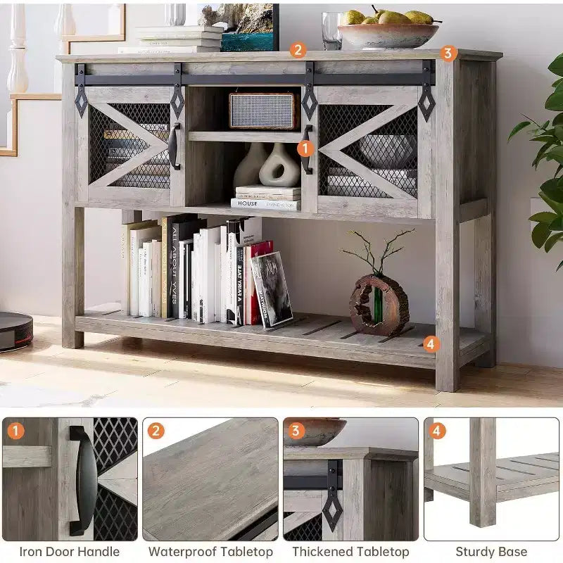 Farmhouse Entryway Console Sofa Table 46 Narrow Accent Table with Sliding Barn Doors &amp; Storage Shelves, Ideal for Foyer or Living Room Decor