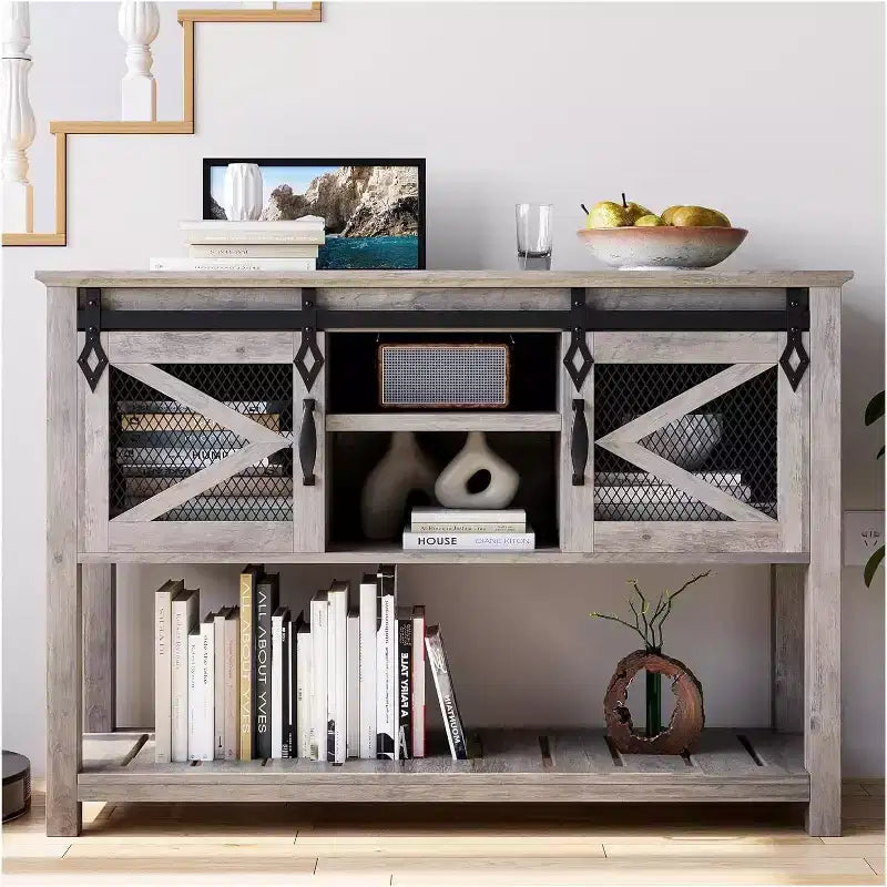 Farmhouse Entryway Console Sofa Table 46 Narrow Accent Table with Sliding Barn Doors &amp; Storage Shelves, Ideal for Foyer or Living Room Decor
