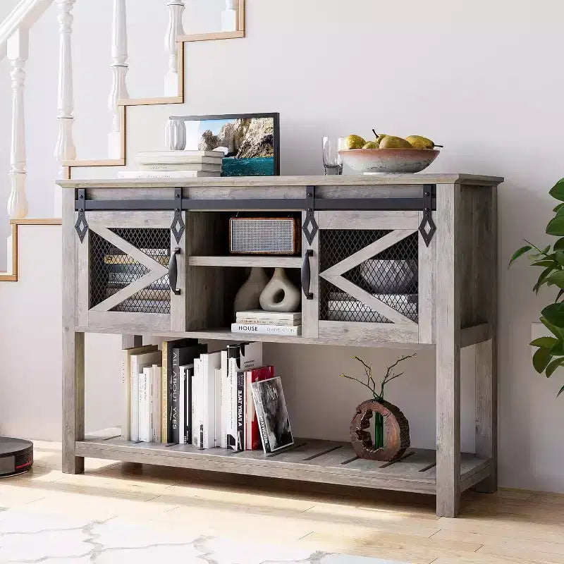 Farmhouse Entryway Console Sofa Table 46 Narrow Accent Table with Sliding Barn Doors &amp; Storage Shelves, Ideal for Foyer or Living Room Decor