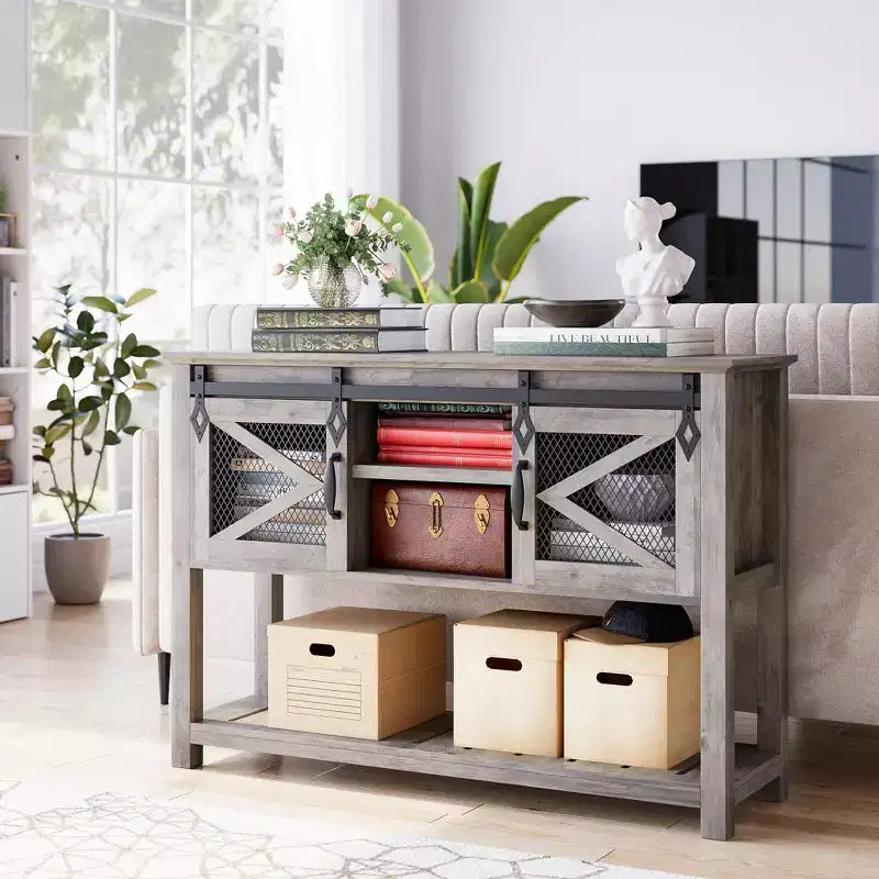 Farmhouse Entryway Console Sofa Table 46 Narrow Accent Table with Sliding Barn Doors &amp; Storage Shelves, Ideal for Foyer or Living Room Decor